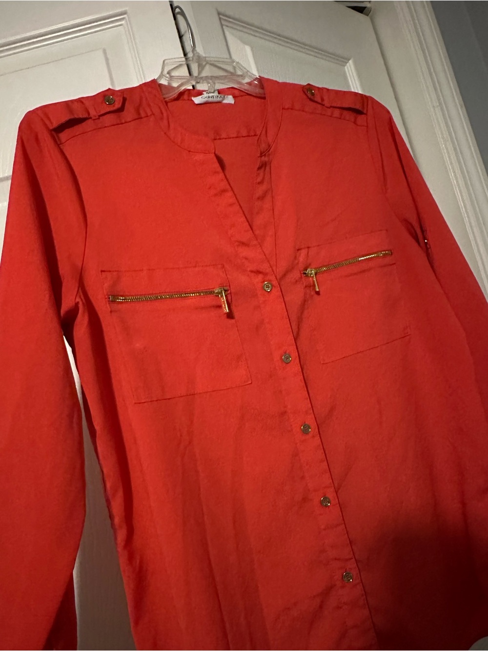 Women's Red Button-Front Utility Shirt Jacket with Gold Zippers Calvin Klein M